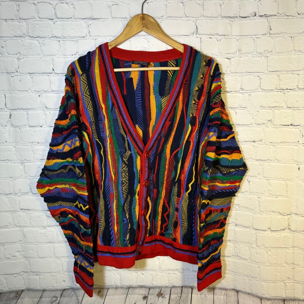Coogi Australia Vintage 3D Knit Wool‎ Cardigan Sweater Multi-Color Mens Medium